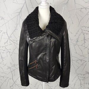 Sam Edelman Genuine Leather Cable Knit Collar Moto Jacket